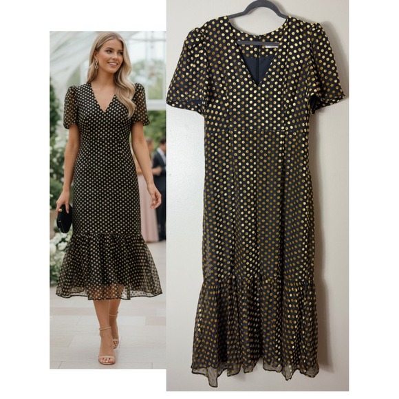 RHODE Dresses & Skirts - RHODE Dress Black Gold Polka Dot Fall Wedding Guest Cocktail Ruffle
